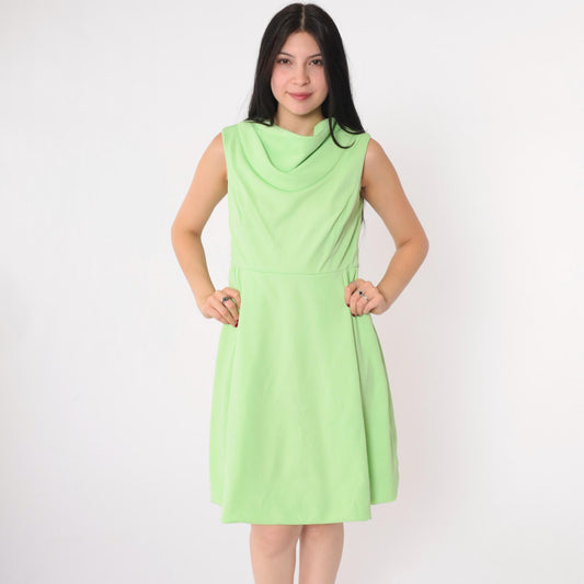 1970s Lime Green Cowl Neck Shift Dress Mini Sleeveless Small S