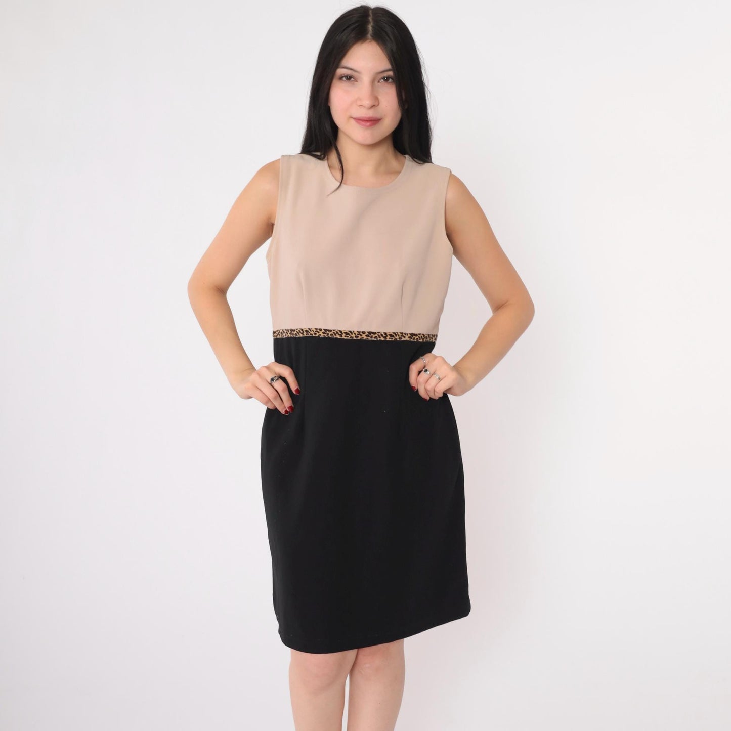 90s Ronni Nicole Petite Color Block Mini Dress Leopard Trim Beige Black Medium