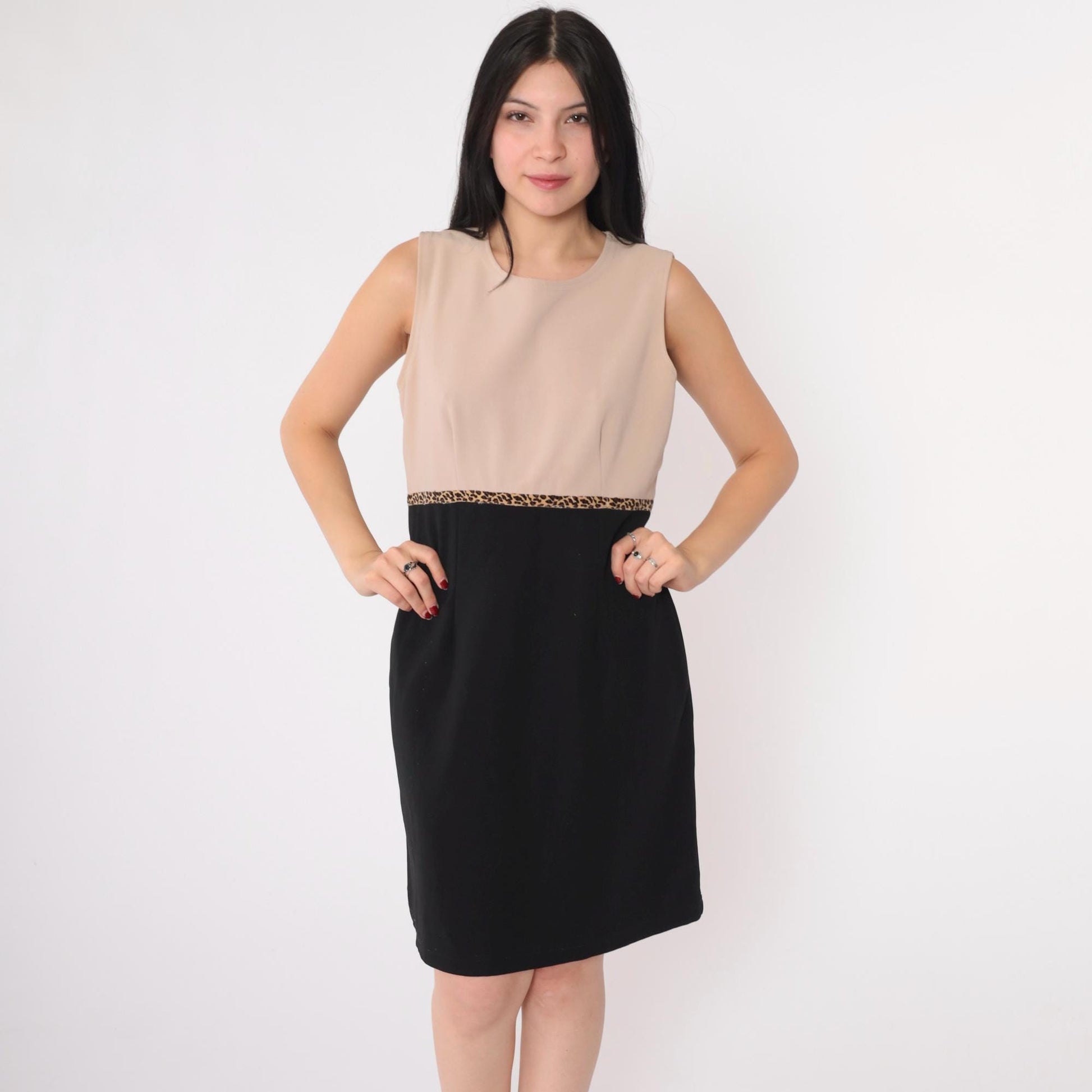 90s Ronni Nicole Petite Color Block Mini Dress Leopard Trim Beige Black Medium
