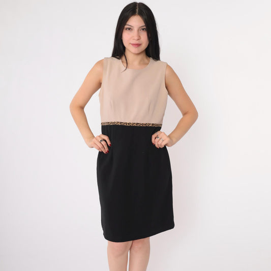 90s Ronni Nicole Petite Color Block Mini Dress Leopard Trim Beige Black Medium