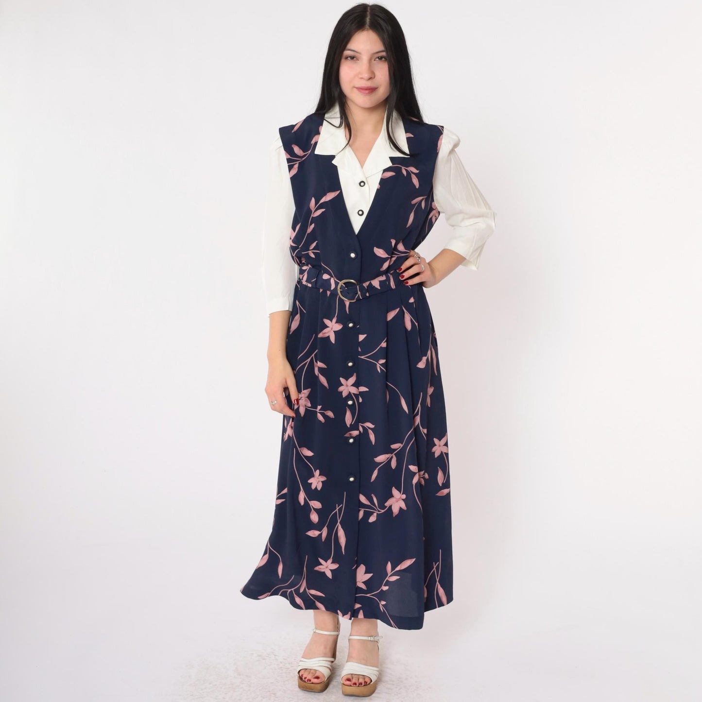 90s Navy Floral Maxi Dress Button-Up Attached Shirt 3/4 Sleeve Belted Medium