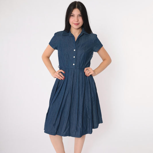 90s Talbots Petite Denim Shirtdress Knee-Length Pleated Dark Blue Cotton Size 2