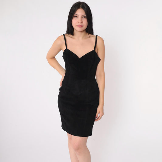 80s Wilsons Leather Black Suede Mini Dress Bodycon Sweetheart Neckline Small