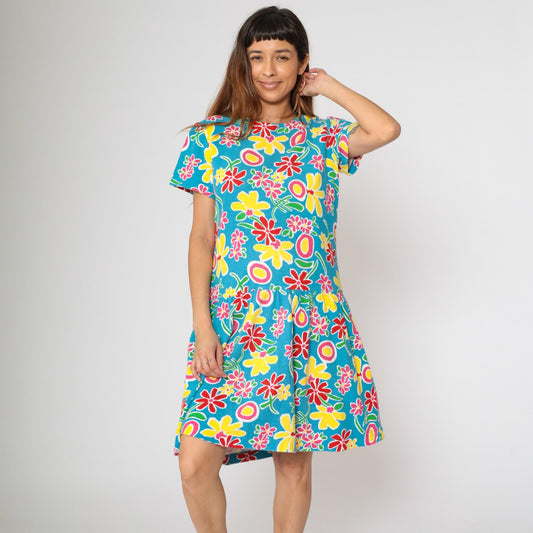 90s Adrienne Vittadini Floral Dress Drop Waist Knee Length Cotton Medium