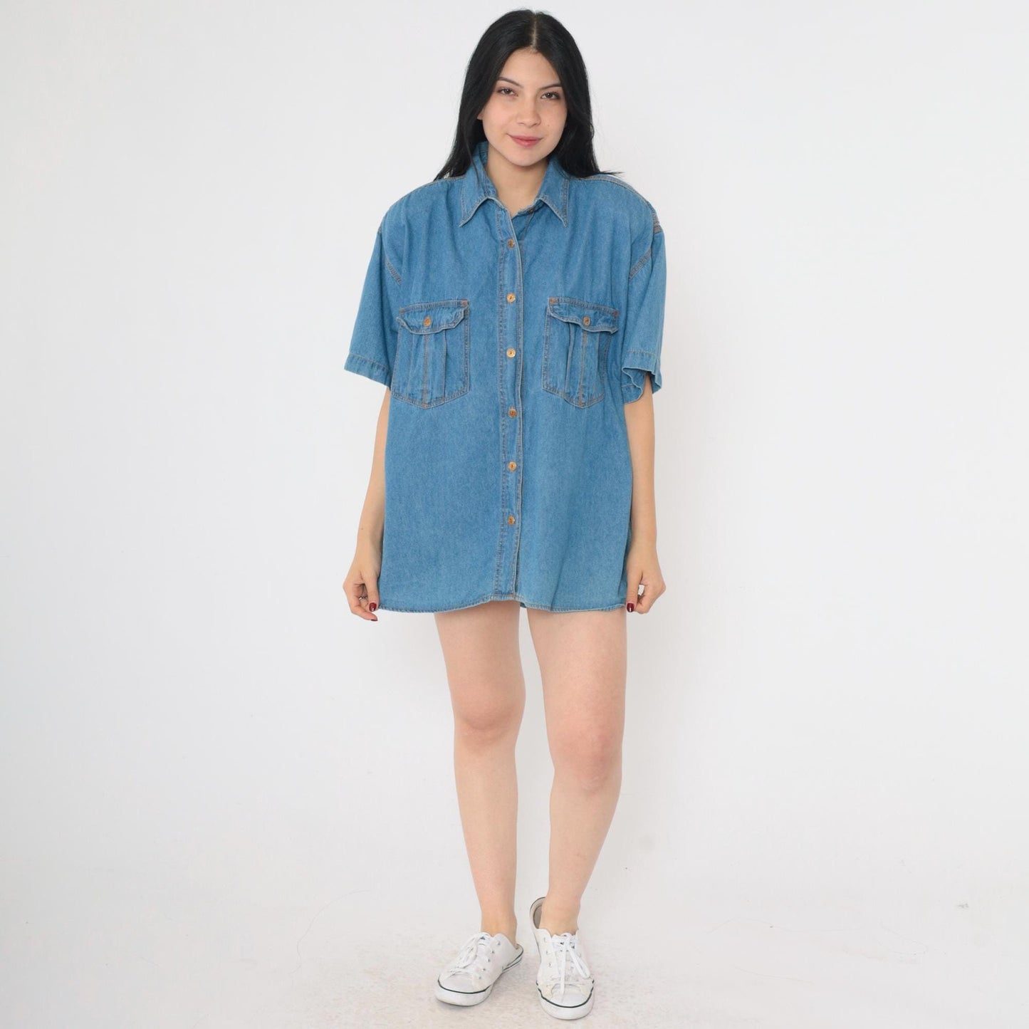 90s Blue Denim Button-Up Shirt Short Sleeve Collared Cotton Medium
