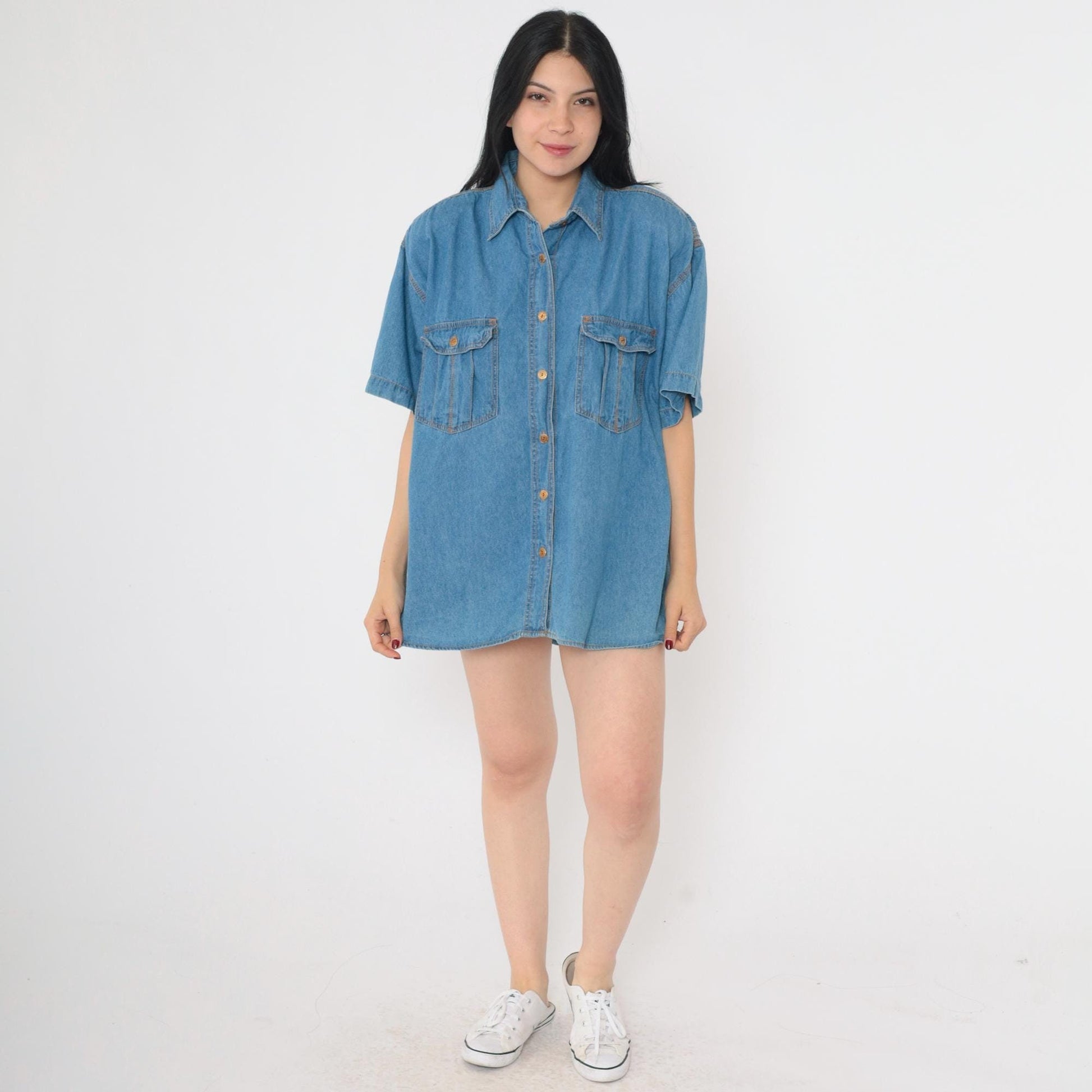 90s Blue Denim Button-Up Shirt Short Sleeve Collared Cotton Medium