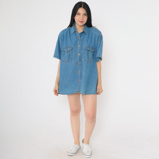 90s Blue Denim Button-Up Shirt Short Sleeve Collared Cotton Medium