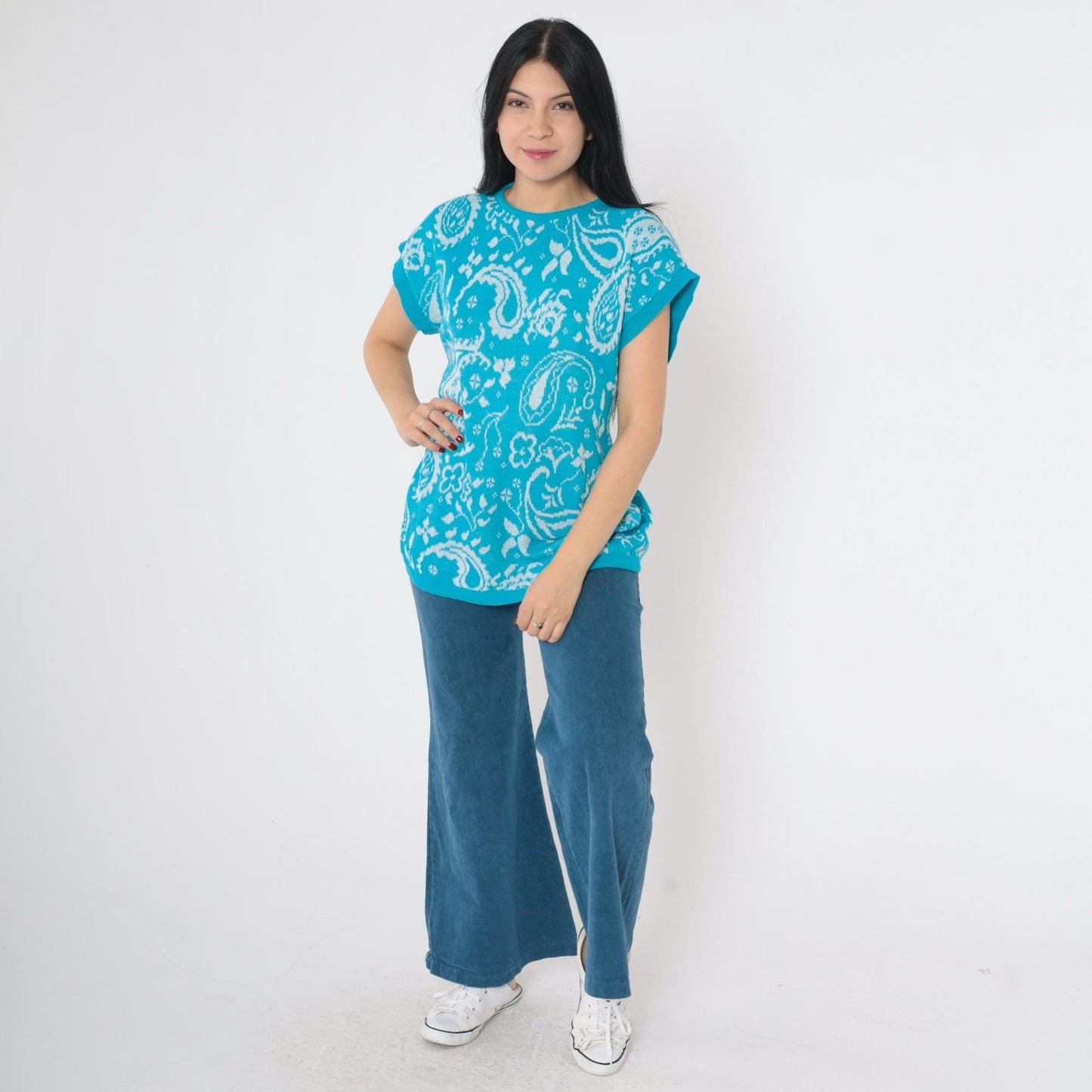 80s Blue Paisley Floral Knit Sweater Top Short Sleeve Medium M