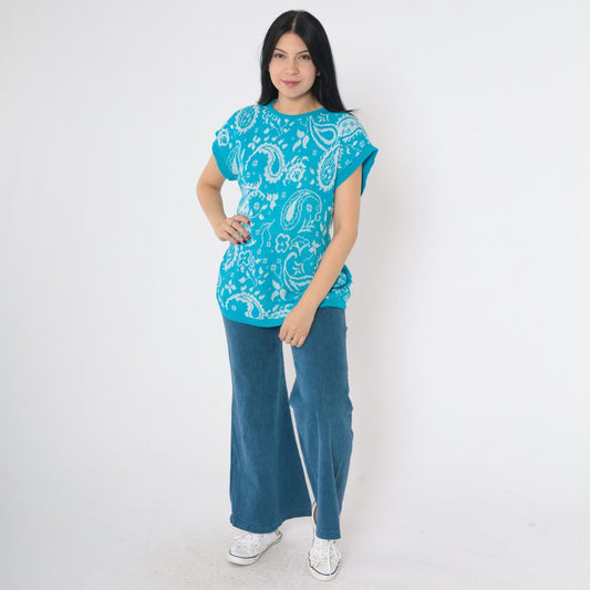 80s Blue Paisley Floral Knit Sweater Top Short Sleeve Medium M