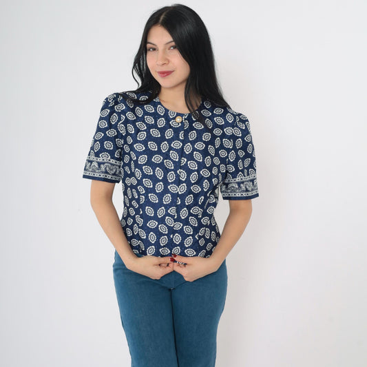 80s Blue Geometric Medallion Puff Sleeve Blouse Pearl Button Small