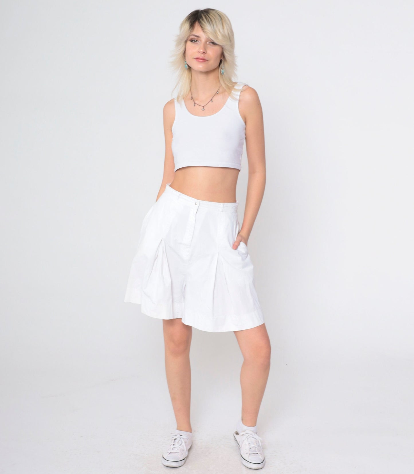 90s White Pleated High-Waist Shorts Wide Leg Cotton Small