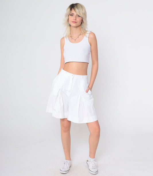 90s White Pleated High-Waist Shorts Wide Leg Cotton Small