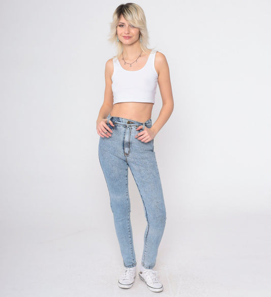 90s Acid Wash High Waist Skinny Jeans Blue Denim XXS