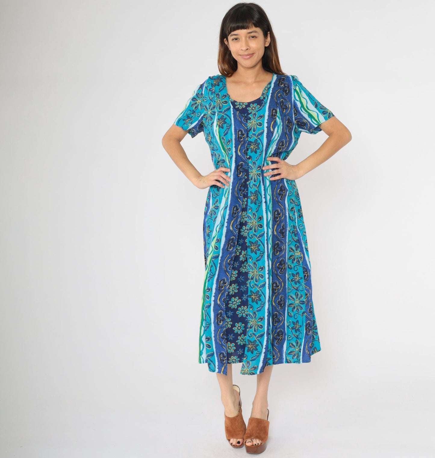 Y2K Blue Striped Floral Button-Up Midi Dress Short Sleeve Ankle Length Size 16