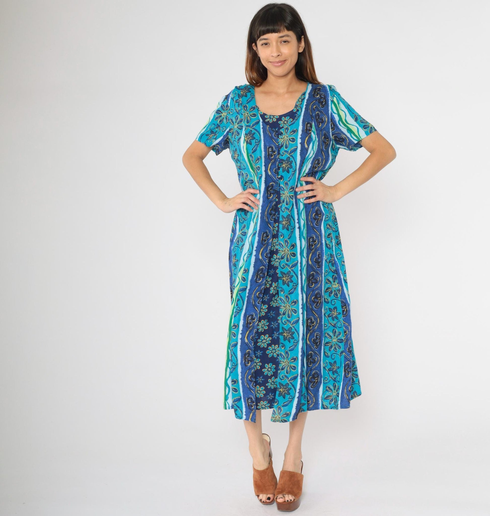 Y2K Blue Striped Floral Button-Up Midi Dress Short Sleeve Ankle Length Size 16