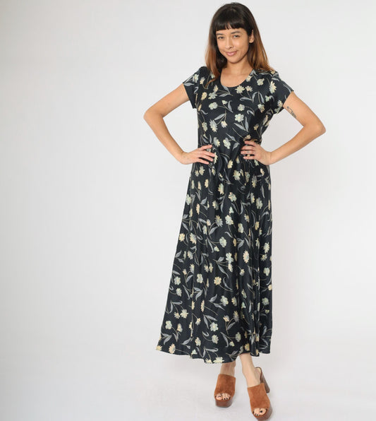 90s Black Floral Silk Maxi Dress Scoop Neck Short Sleeve Large L