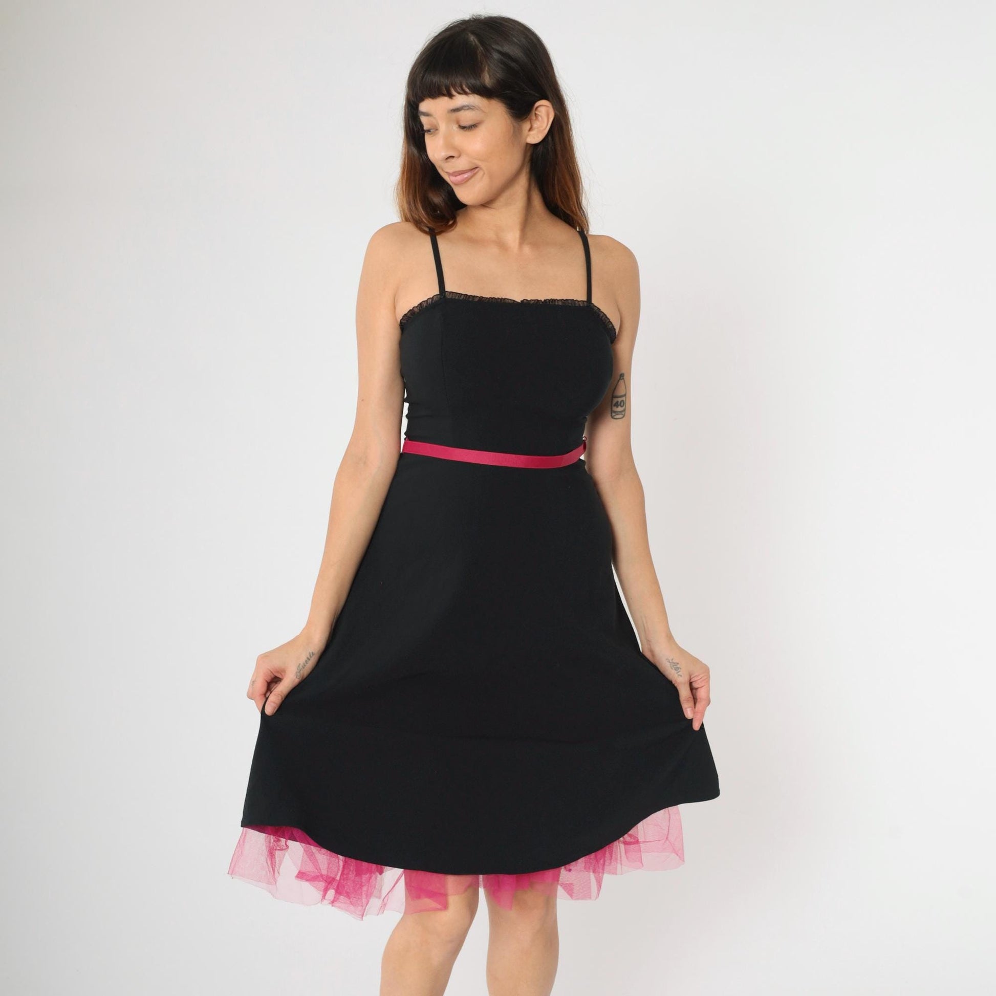 90s City Triangles Black Midi Dress Hot Pink Tulle Spaghetti Strap Small