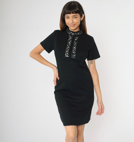60s Black Wool Mini Shift Dress Studded Neckline Small S