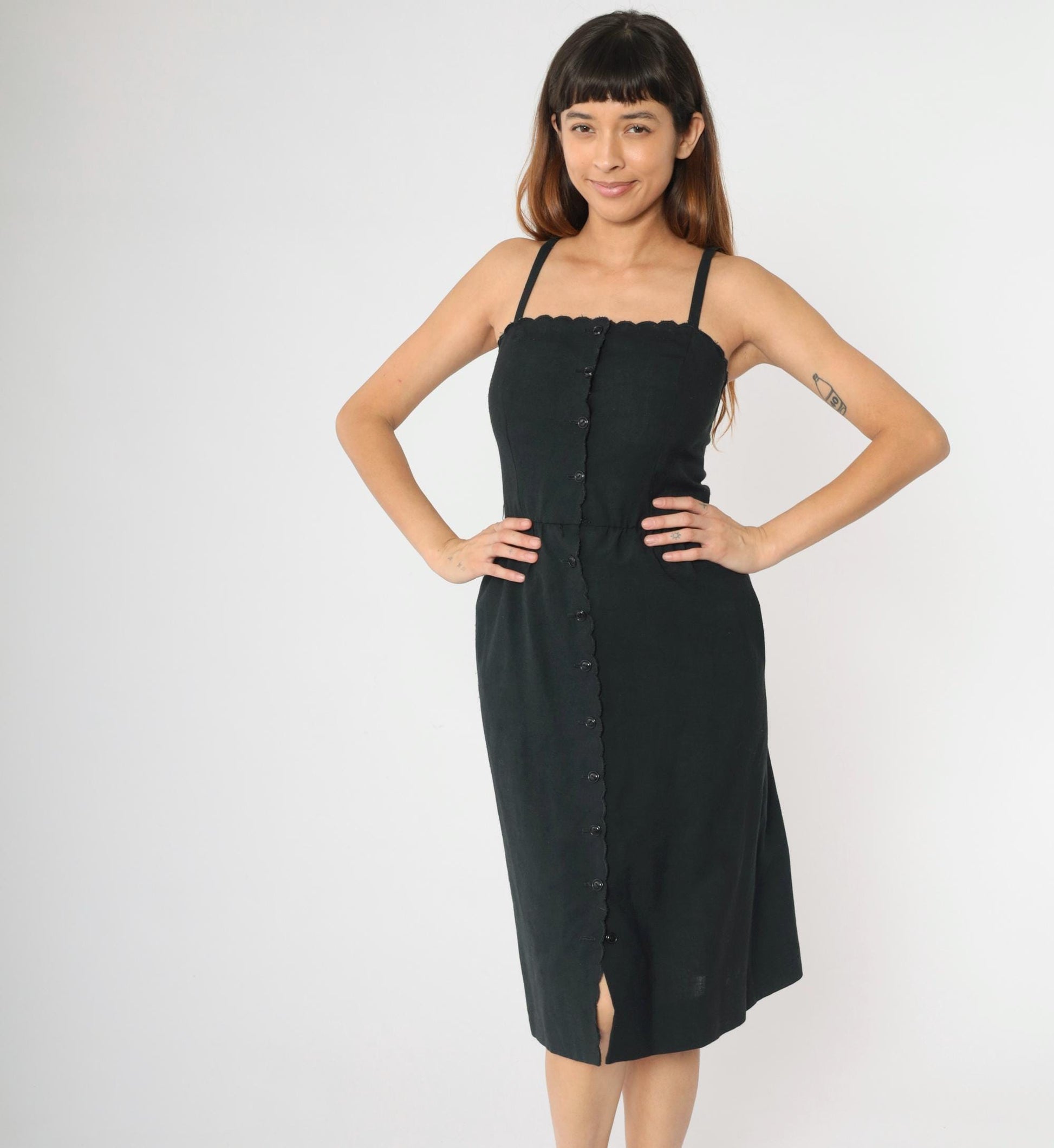 80s Black Midi Sundress Scalloped Neckline Button Front High Waist Spaghetti Strap XS