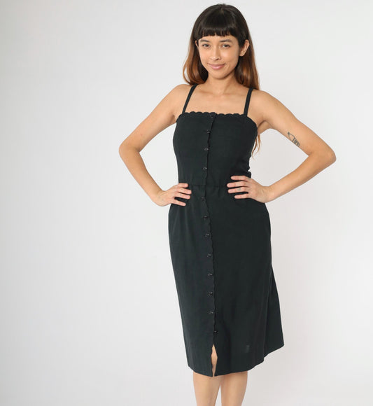 80s Black Midi Sundress Scalloped Neckline Button Front High Waist Spaghetti Strap XS