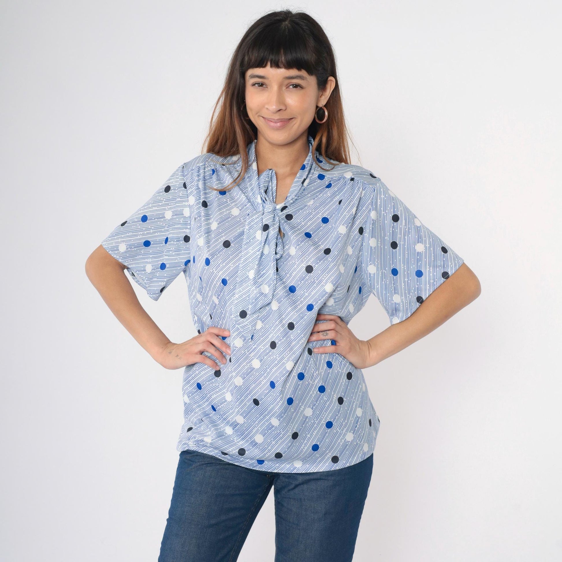 80s Tiger Lily Polka Dot Ascot Blouse Blue White Striped Short Sleeve Extra Large