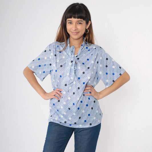 80s Tiger Lily Polka Dot Ascot Blouse Blue White Striped Short Sleeve Extra Large