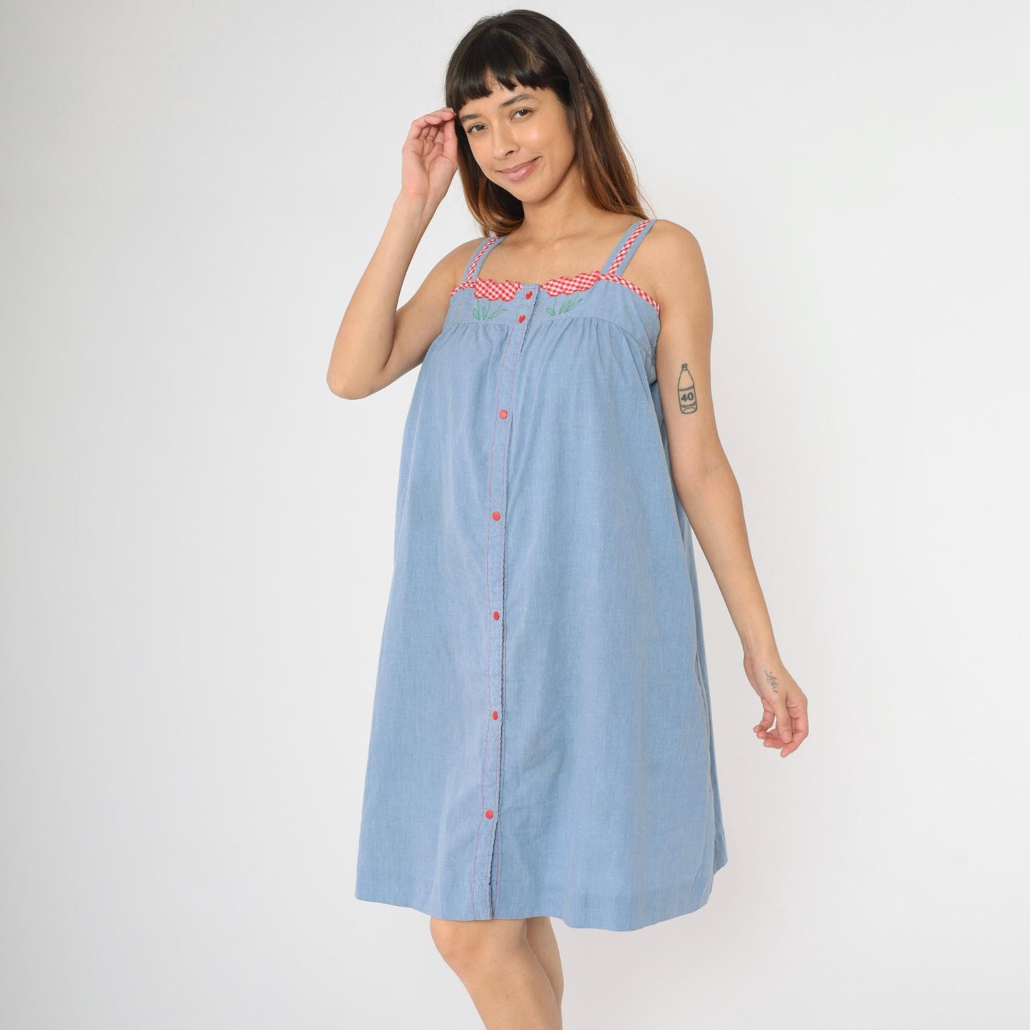 80s Blue Chambray Midi Dress Floral Embroidered Snap Button Sleeveless Small Medium