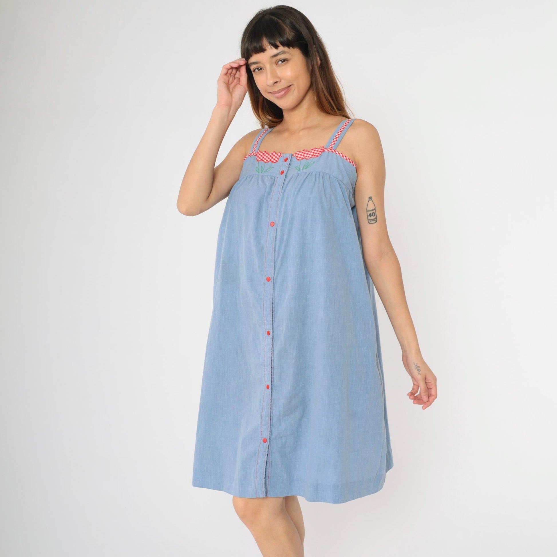 80s Blue Chambray Midi Dress Floral Embroidered Snap Button Sleeveless Small Medium