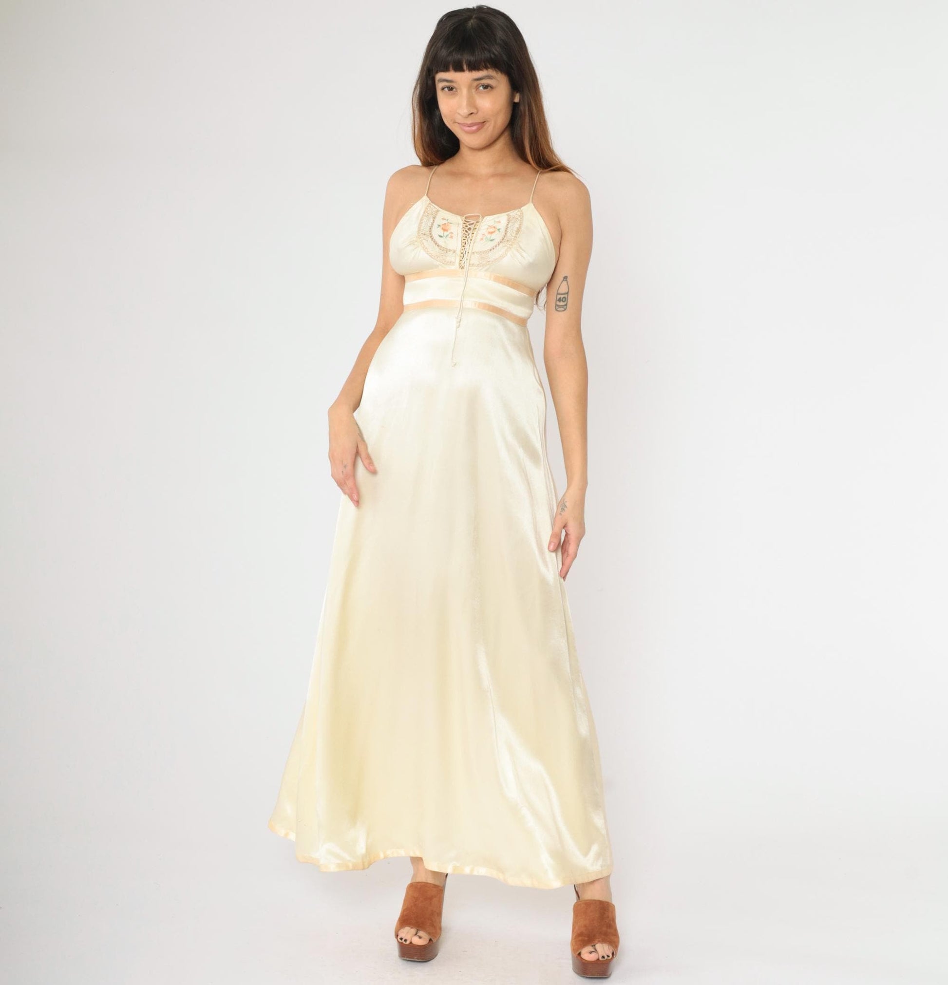 70s Gunne Sax Cream Satin Maxi Dress Floral Embroidered Empire Waist Extra Small