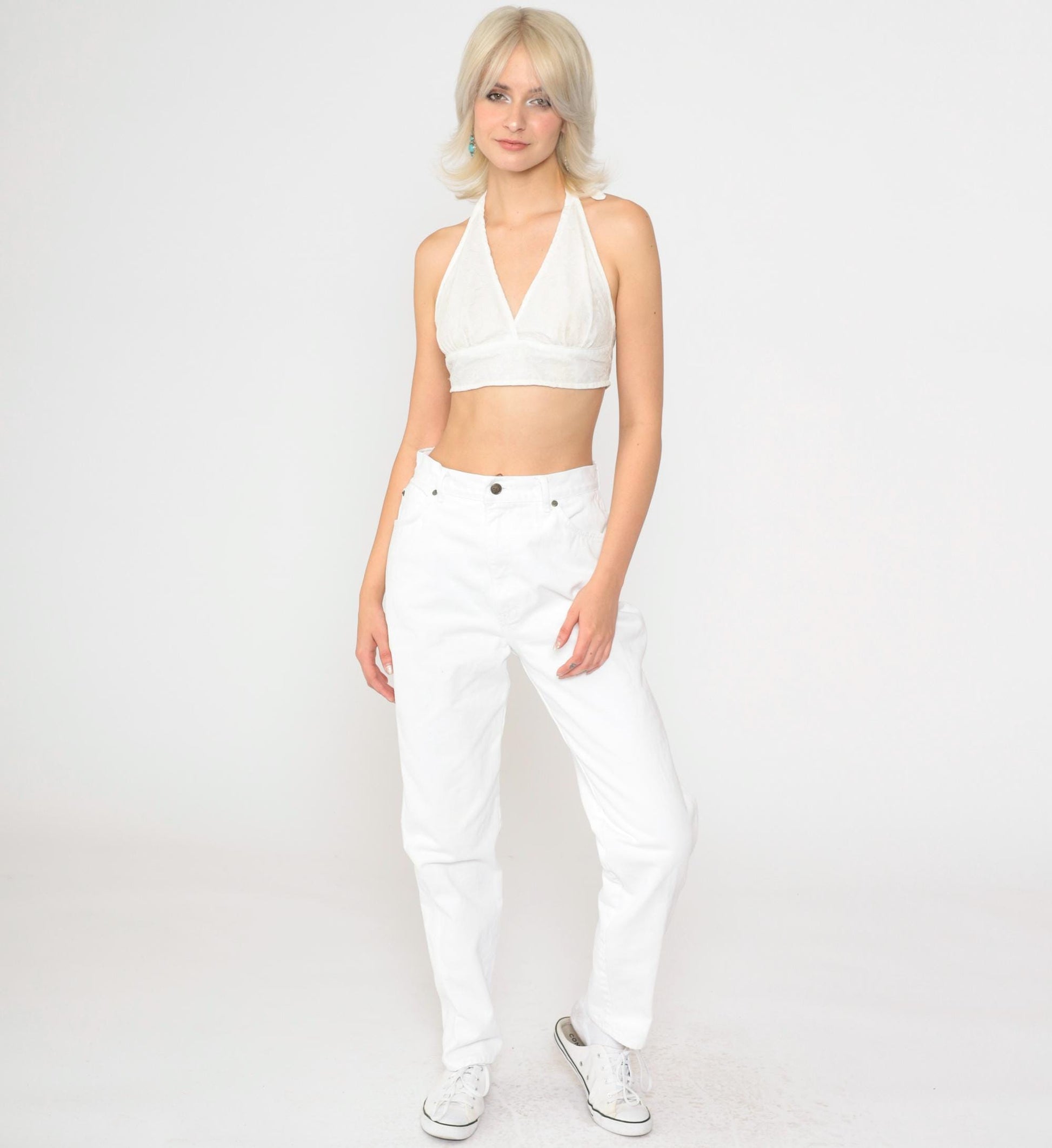 90s White Denim Jeans High Waist Straight Leg Mom Jeans Medium 8