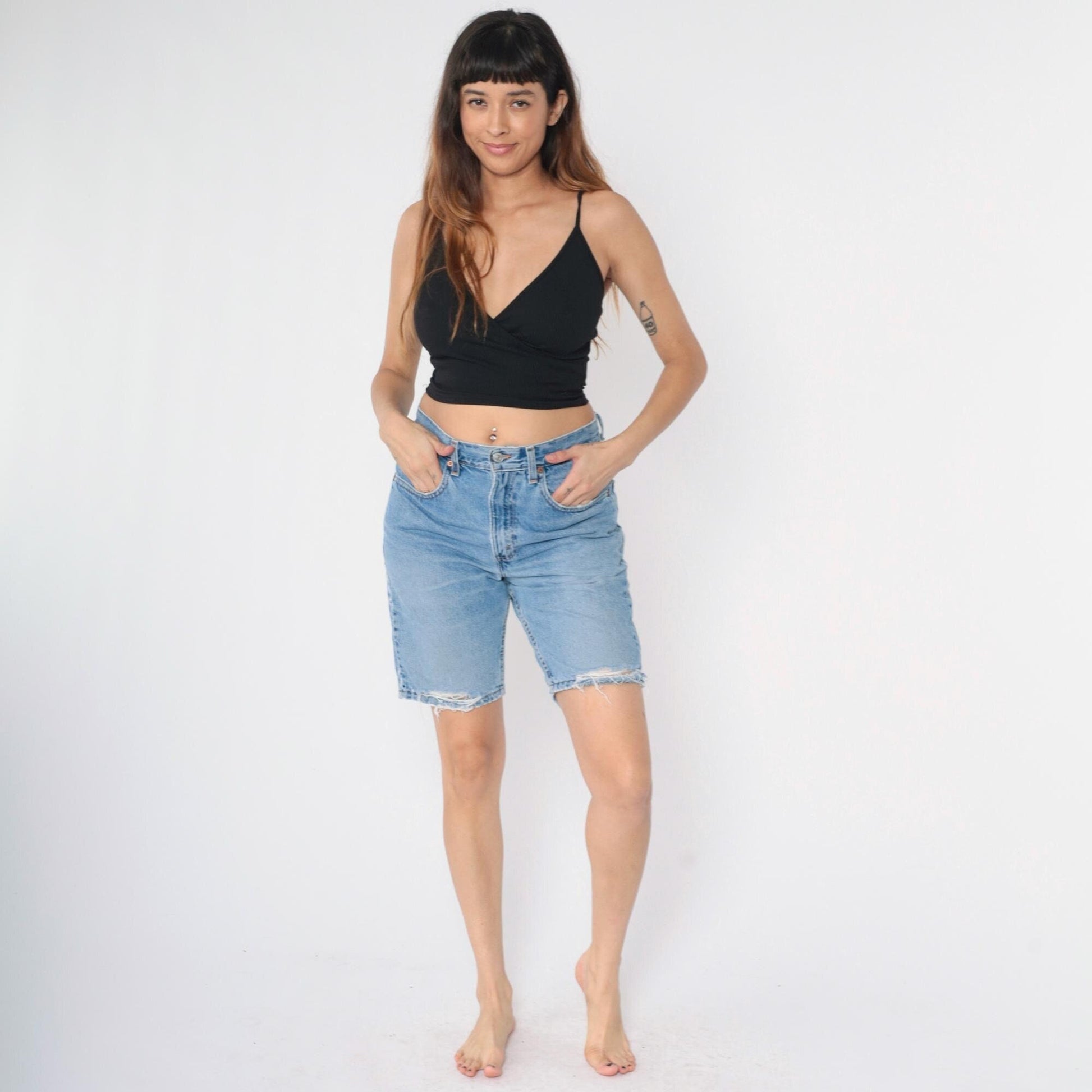 Levi's 505 Y2K Denim Shorts High Rise Distressed Blue Medium 32