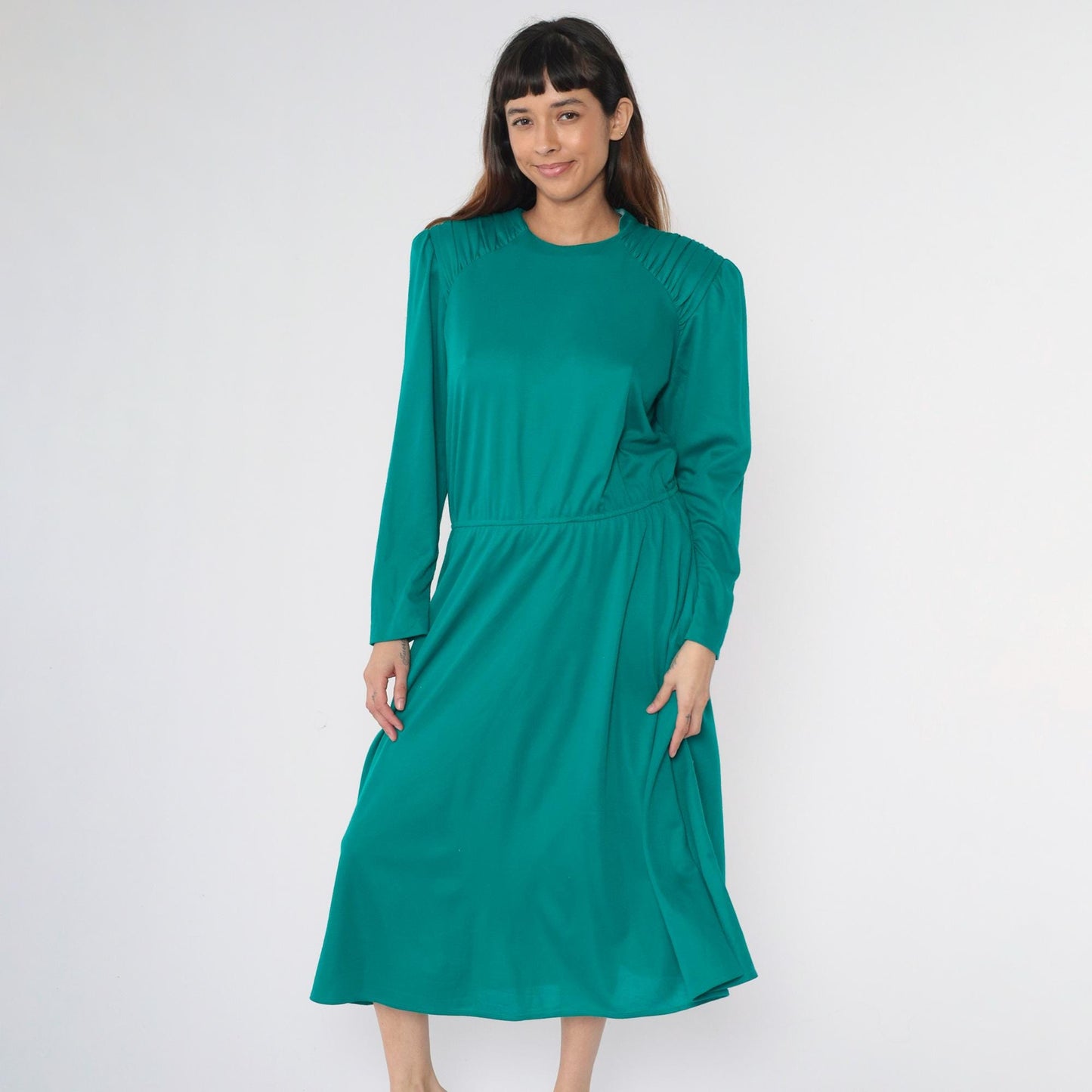 80s Teal Midi Dress Puff Sleeve High Waist Ruched Shoulders Large L