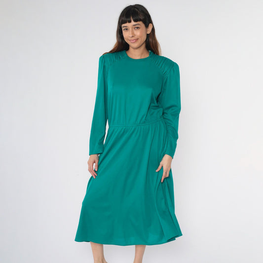 80s Teal Midi Dress Puff Sleeve High Waist Ruched Shoulders Large L