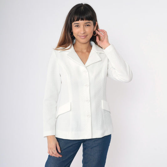 70s White Textured Polyester Blazer Button-Up Jacket Deep V Small