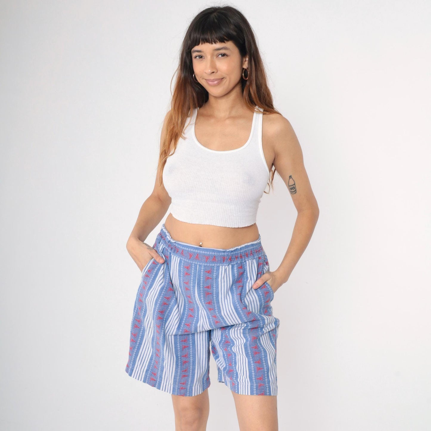 90s Chez T Striped Cotton Shorts Sailboat Nautical Blue White Red Medium