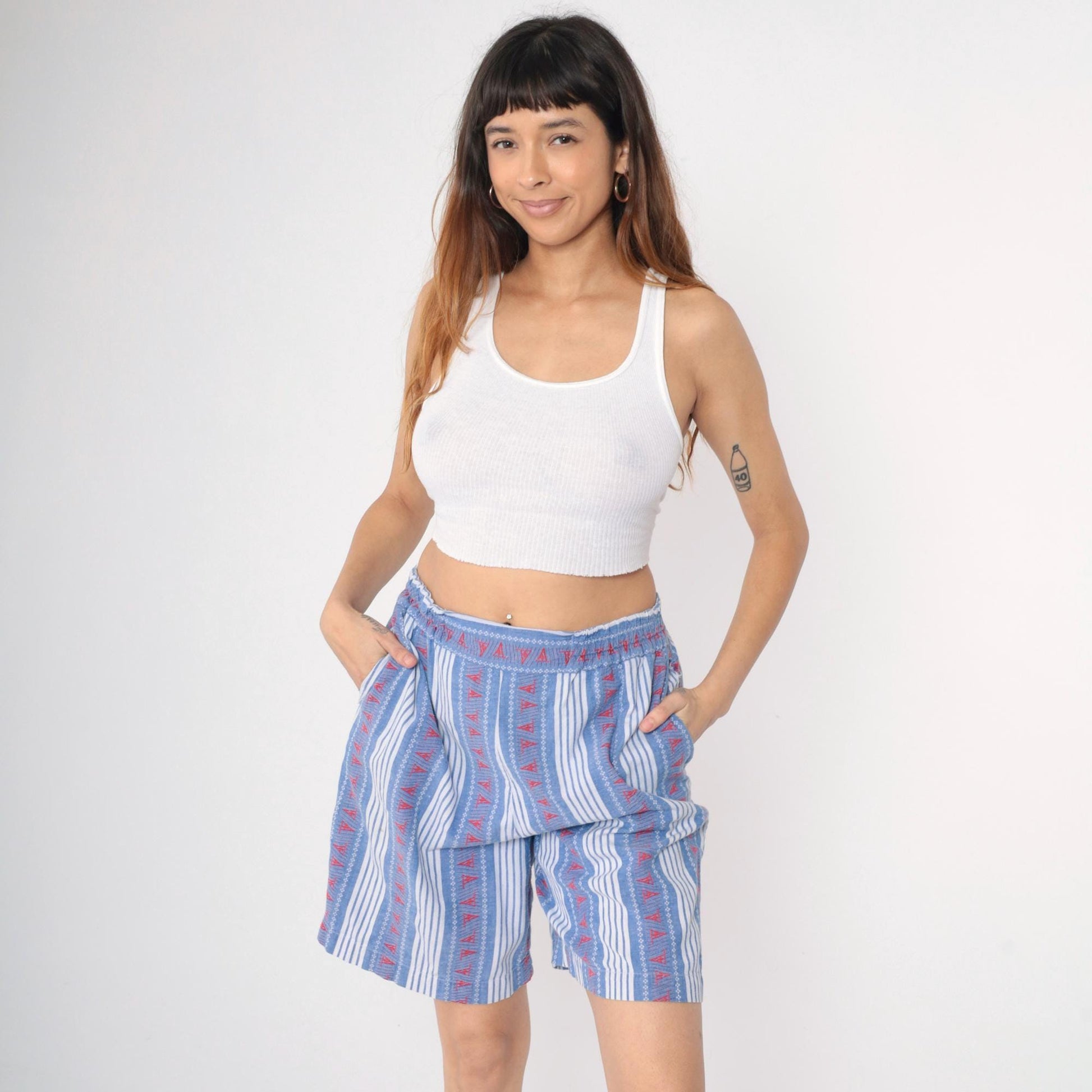 90s Chez T Striped Cotton Shorts Sailboat Nautical Blue White Red Medium