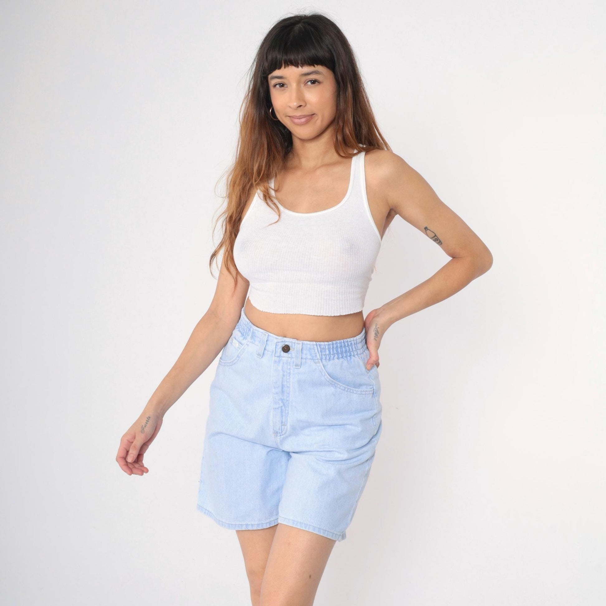 90s Lee Light Blue Denim Shorts High Waist Elastic Smooth Back Small
