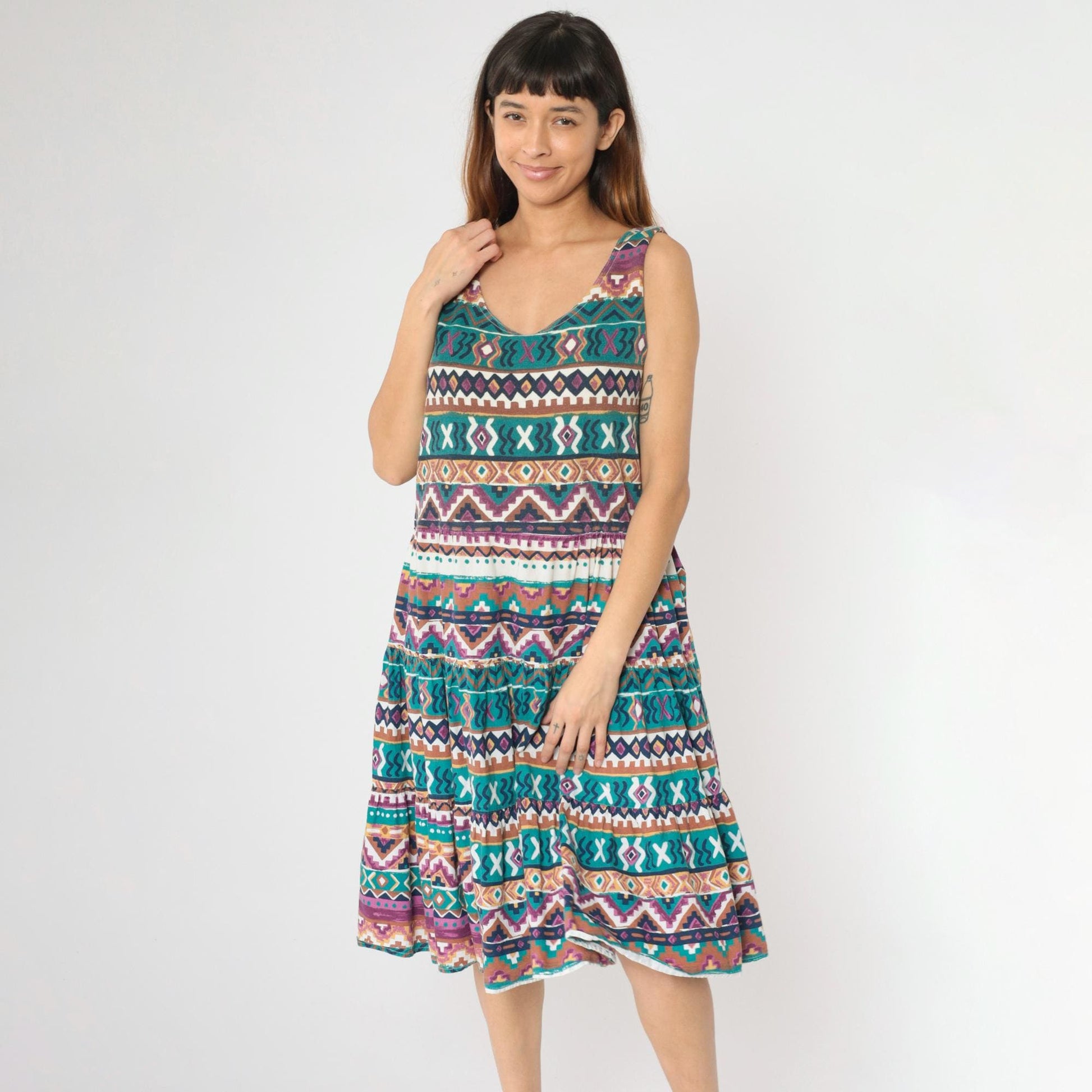 90s Fredericks of Hollywood Southwestern Midi Dress Geometric Patchwork Sleeveless Small