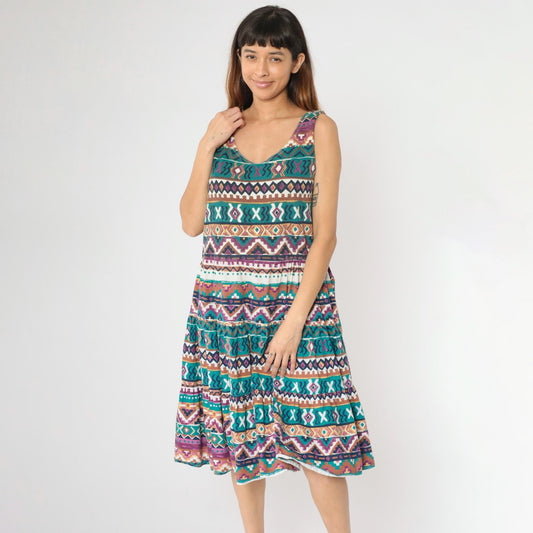 90s Fredericks of Hollywood Southwestern Midi Dress Geometric Patchwork Sleeveless Small