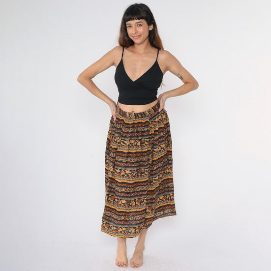 90s Michele Leslie Broomstick Midi Skirt Fall Leaf Print Mustard Orange Medium