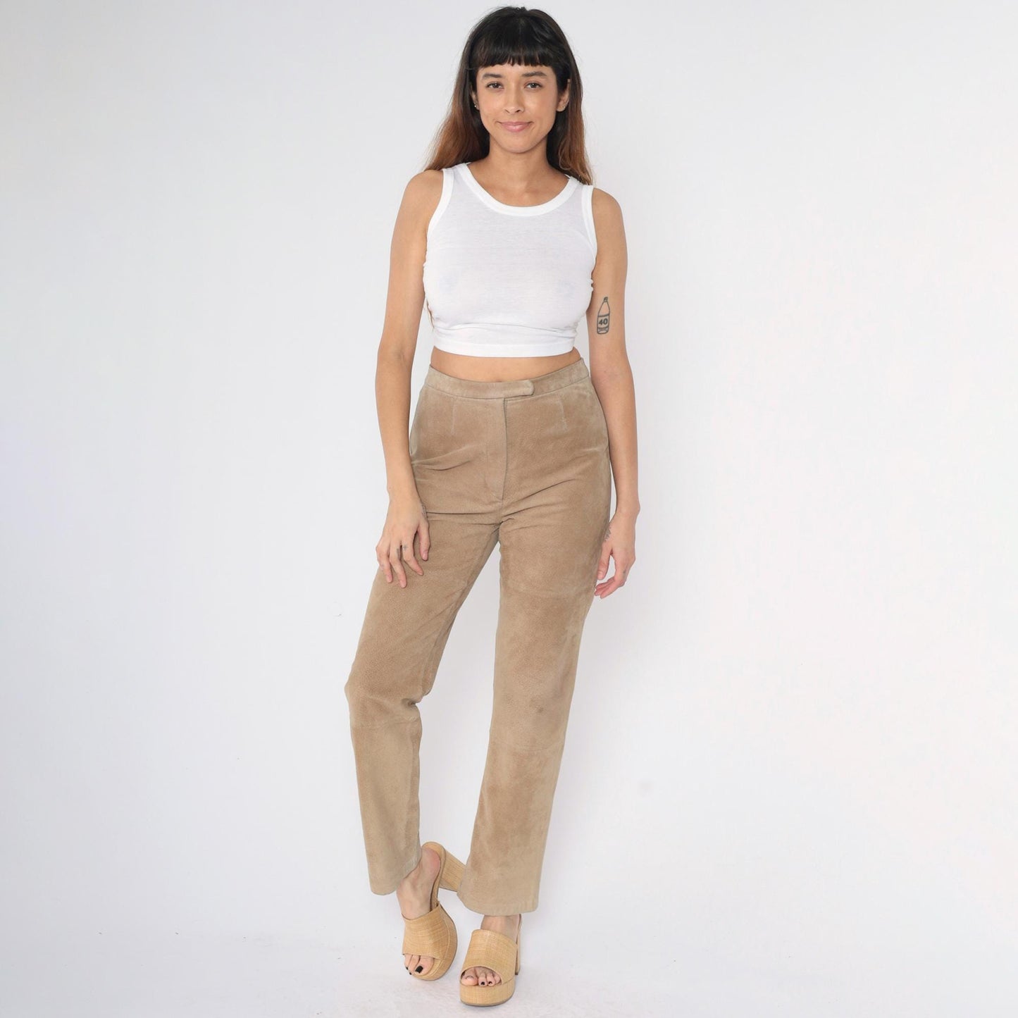 Y2K Tan Suede Leather Pants Straight Leg High Waist Modern Images Medium M