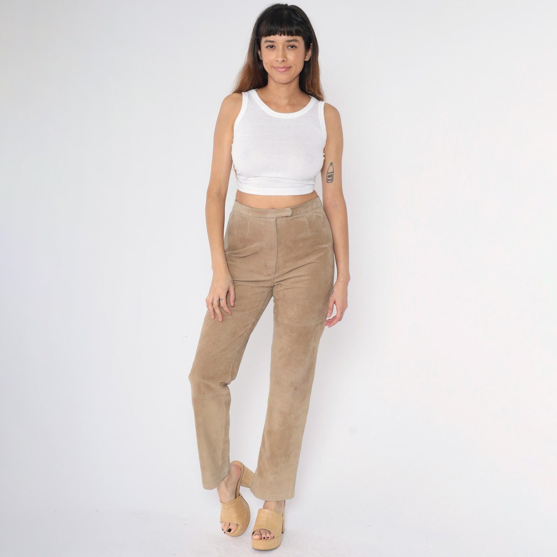 Y2K Tan Suede Leather Pants Straight Leg High Waist Modern Images Medium M
