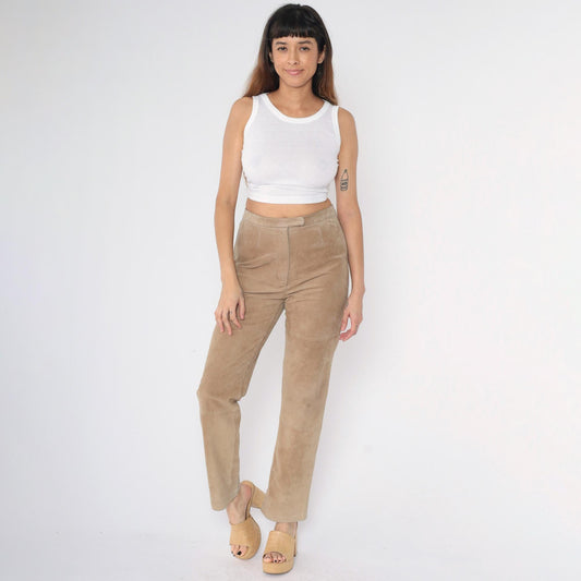 Y2K Tan Suede Leather Pants Straight Leg High Waist Modern Images Medium M