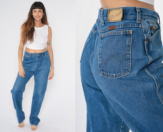 80s Wrangler High-Waisted Straight Leg Jeans Faded Blue Denim USA Made 16