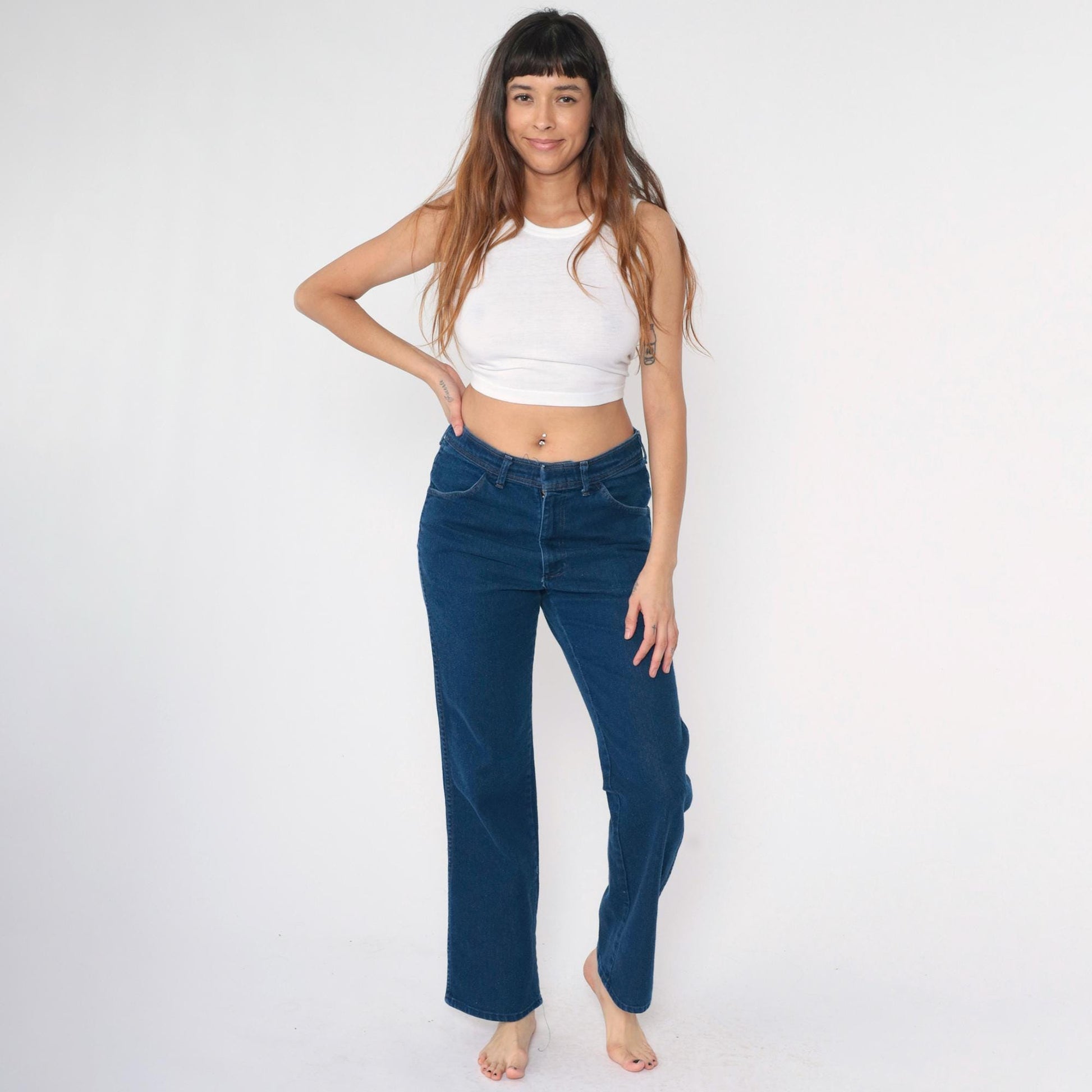 80s Dark Wash Straight Leg Jeans High Rise Western Stitching Medium M