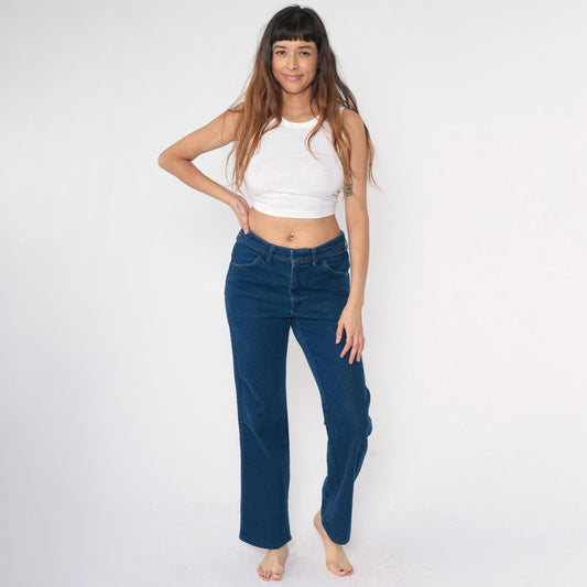 80s Dark Wash Straight Leg Jeans High Rise Western Stitching Medium M
