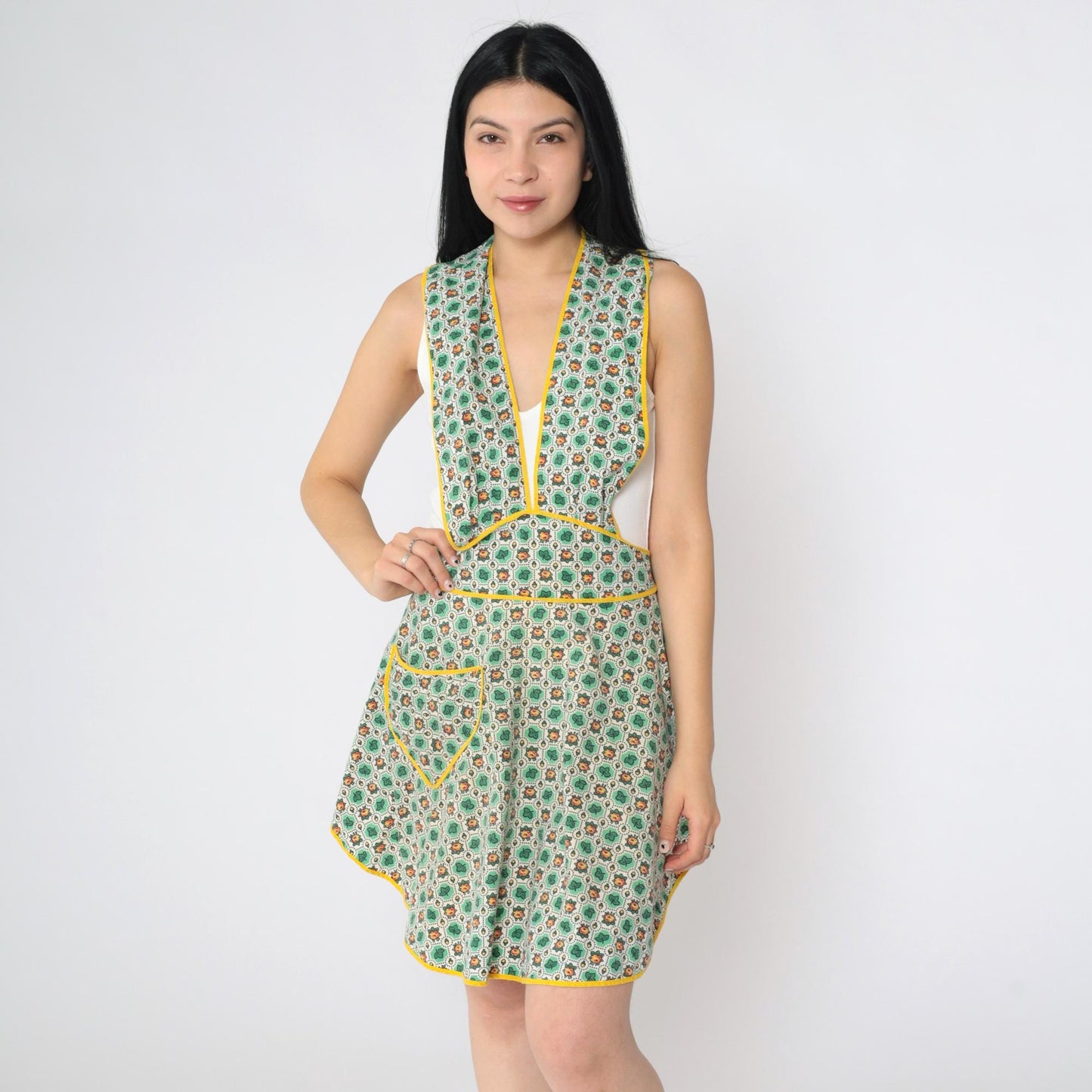 1970s Floral Leaf Print Apron Dress Mini Deep V Neck Open Back Small Medium