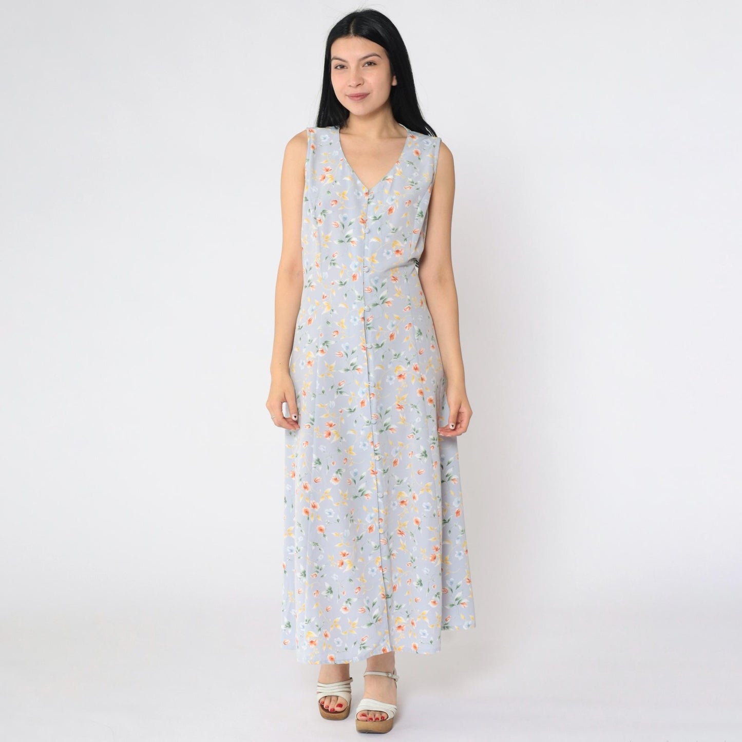 90s Grey-Blue Floral Maxi Dress Button-Up V-Neck Ankle Length Medium