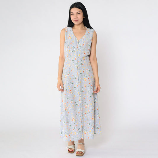 90s Grey-Blue Floral Maxi Dress Button-Up V-Neck Ankle Length Medium