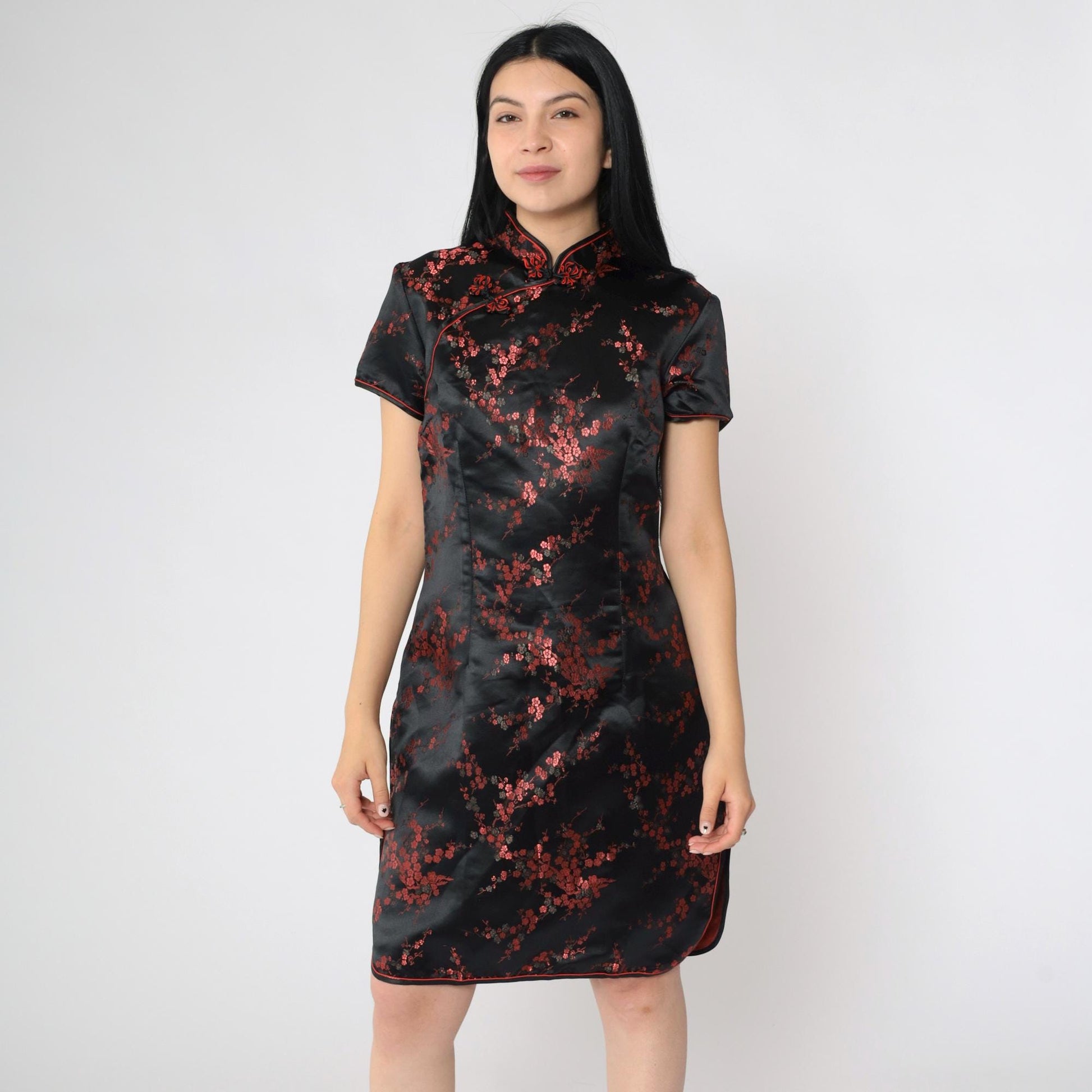90s Black Satin Cheongsam Red Floral Jacquard Qipao Mini Dress Medium
